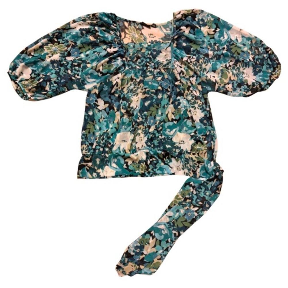 Sheer Blue/Green Floral Puffed Sleeve Peasant Top w/ Sash (L)